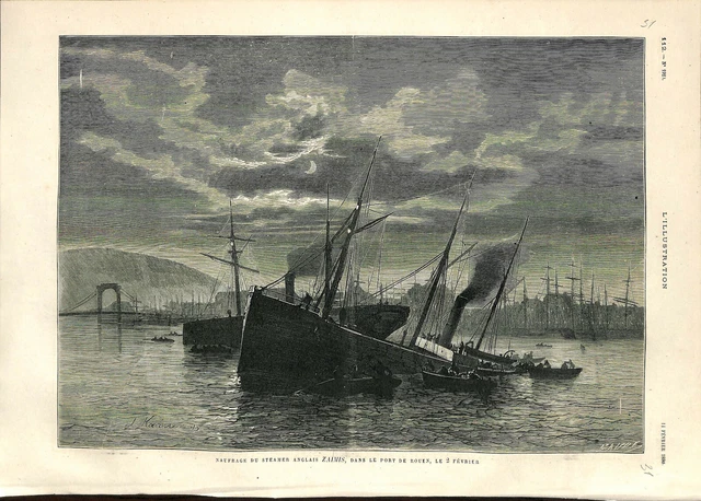 Naufrage du steamer UK Zaimis dans le port de Rouen Normandie ILLUSTRATION 1880