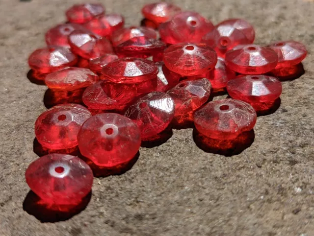 Antique Bohemian Red Vaseline Glass Faceted Flat Bicone Disc ca late 19th c