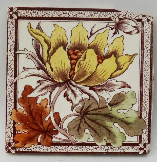 Antique Aesthetic Movement Floral Design . Original 6" x 6"  Majolica Art Tile