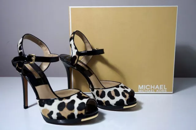 Michael by Michael Kors Bailee Suntan Leopard-Print Calf Hair Sandals Size 7.5