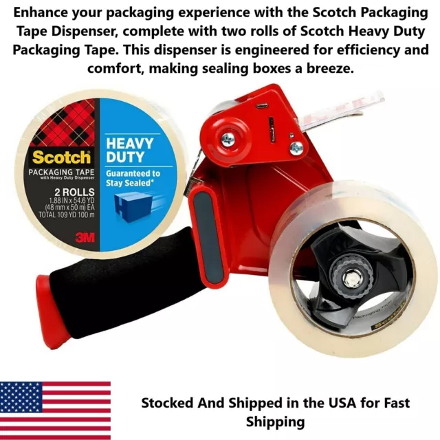 New Heavy Duty 3M Scotch Clear Packing & Shipping Tape 2 Rolls with Dispenser