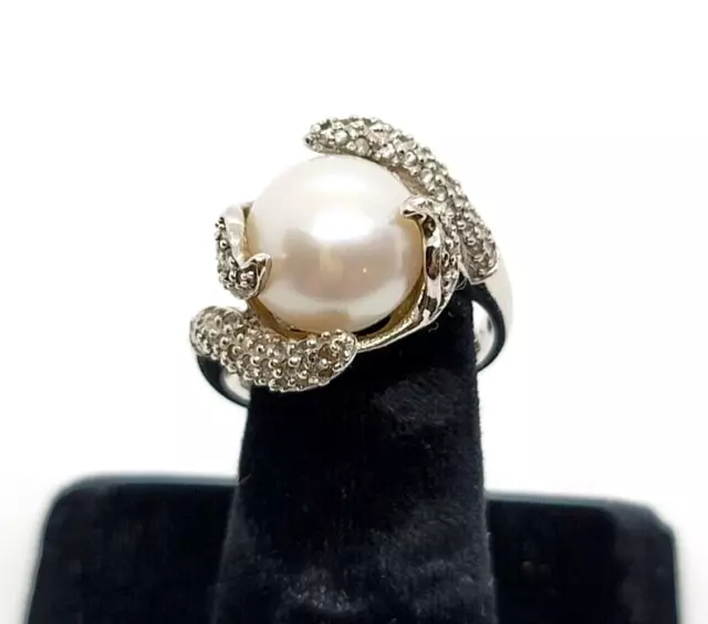 Sterling Silver  Large Pearl & Diamond Ring Size 9 With 12 MM Pearl Signed CN