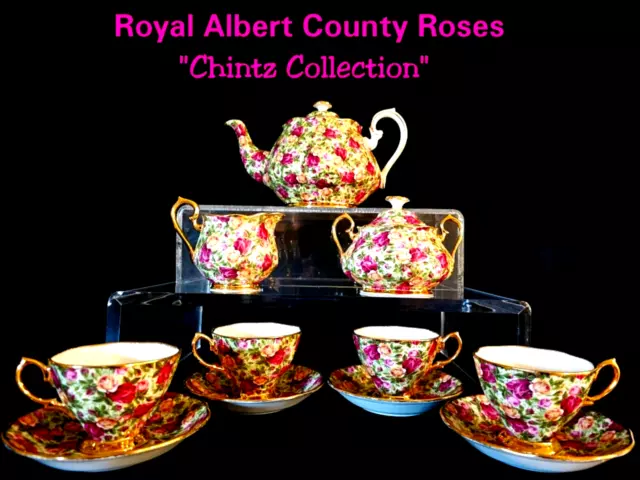 Royal Albert Old Country Roses Chintz Collection Teapot, Teacups, Creamer, Sugar