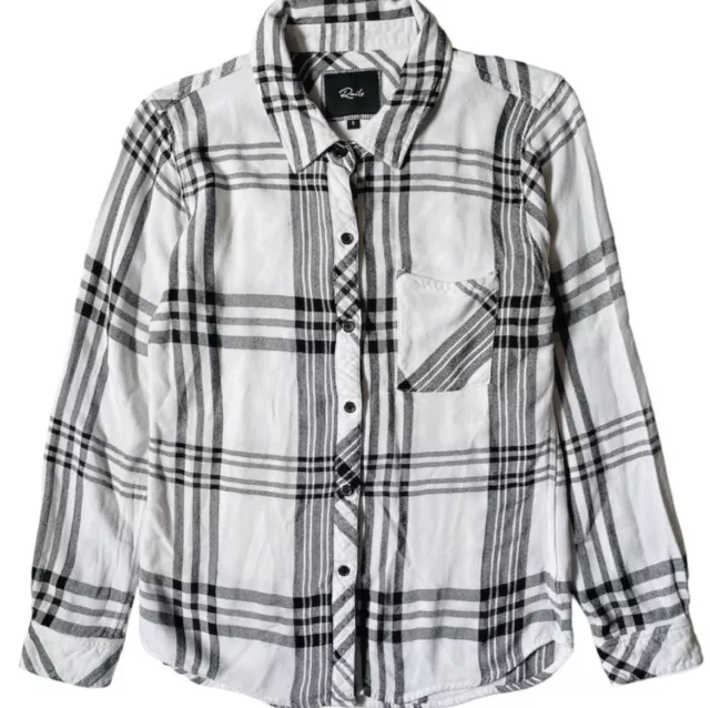 RAILS Womens Small Shirt Button Up Long Sleeve Rayon White Black Plaid Slim