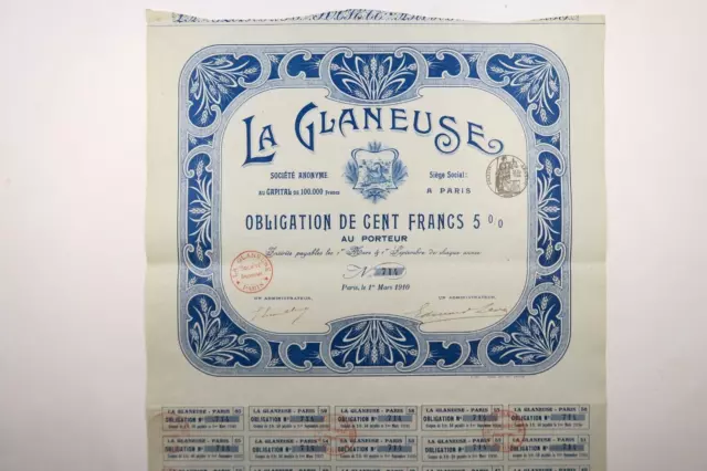 Societe La Glaneuse Obligation De 100 Francs 5% Paris 1910 + Coupons