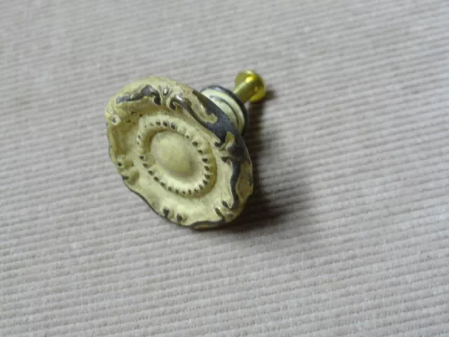Vintage Antique Ornate Brass Cabinet Door or Drawer Pull w/ Old White Paint 'E'