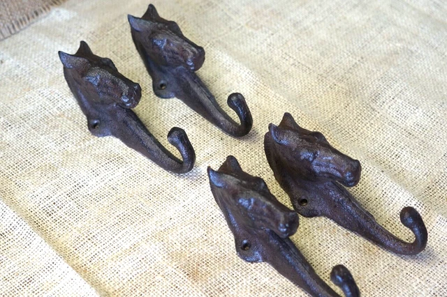 4 Horse Head Key Hooks Towel Hat Coat Hanger Rustic Cast Iron Antique Style Farm