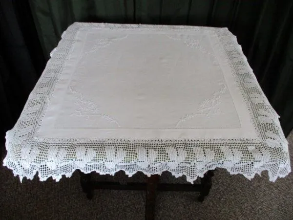 Antique tablecloth-Hand embroidery and hand crochet trim-30"sq.-Linen