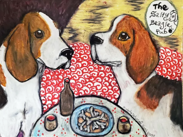 Salty Beagle Pub 13x19 Dog Art Print Collectible Signed by Artist KSams Beagles