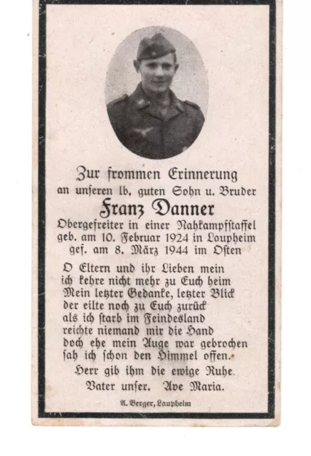 org.Sterbebild ,WK2 ,Ogfr.einer Nahkampfstaffel aus Laupheim gef.1944