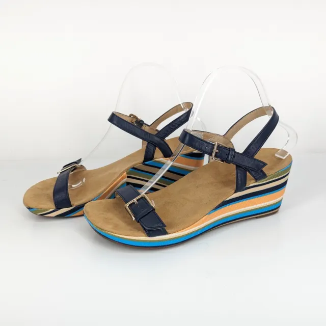 Vionic Enisa Wedge Strappy Sandals Womens Size 8 US 39 EU Buckle Striped Navy