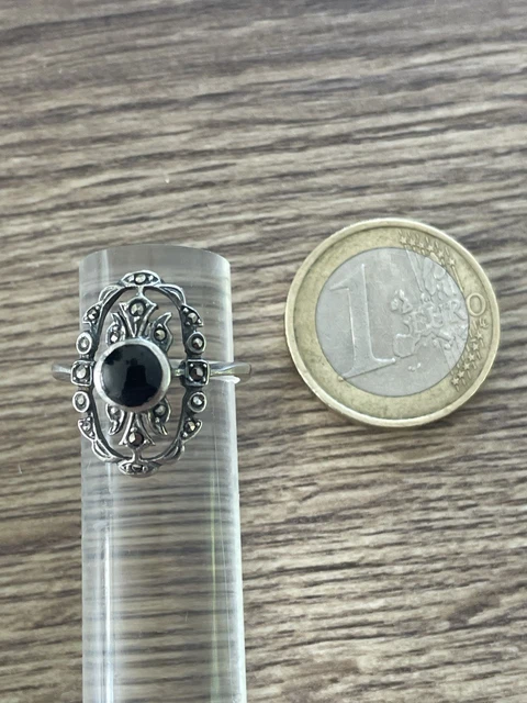 Bague Argent Massif Avec Onyx Ovale Et Marcassites - Taille 58, Occasion