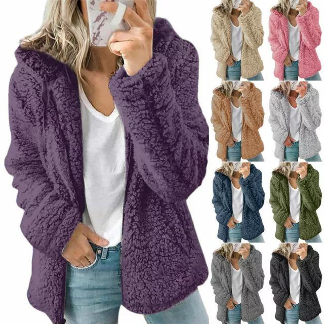 Womens Teddy Bear Fluffy Coat Zip Up Winter Cardigan Fleece Hoody Jacket Outwear 3