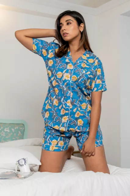Cotone Indiano Stampa Floreale Pj Pigiama Due Pezzi Pigiama Corto Set per Donna