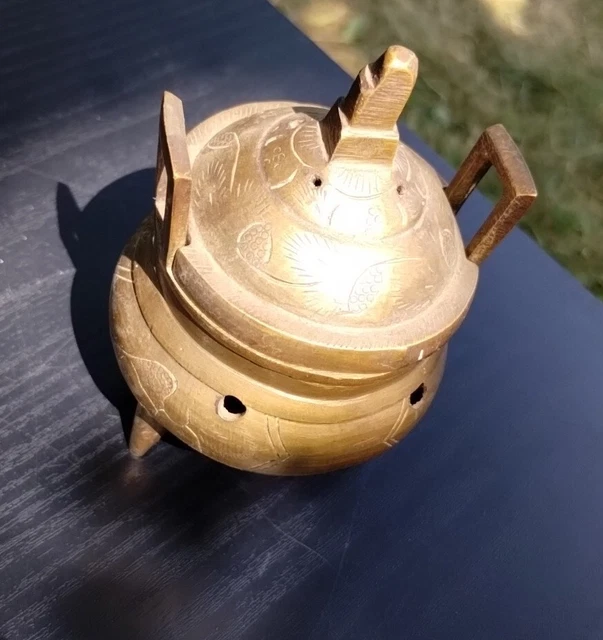 Vintage Etched Brass 4.25"H Lidded Incense Burner Triple Footed