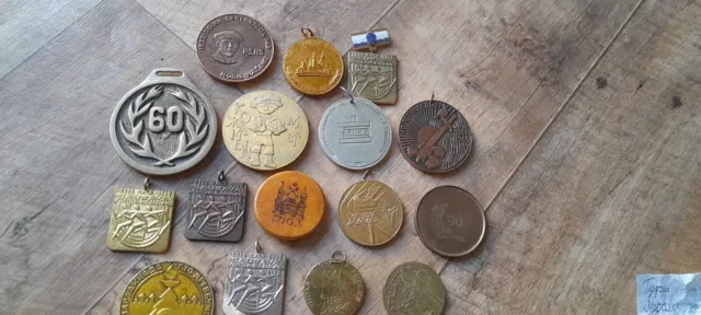 15 Big And Heavy Original Soviet Table Memorable/Sport Medals + 1 Badge.   