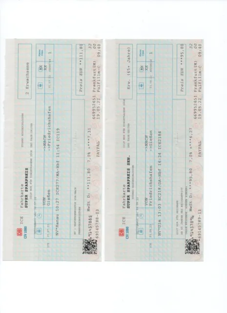 ICE Fahrkarten , 1. Kl , 2Pers, GI - Friedrichshafen, Hin 31.07. Rück 03.08. 