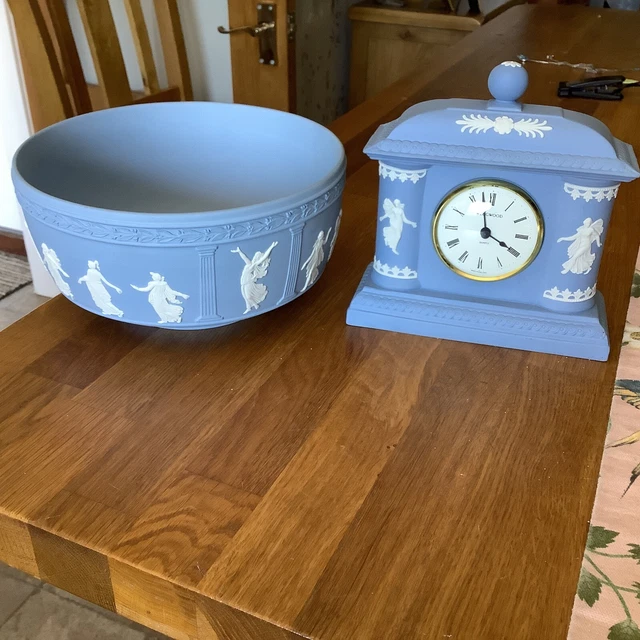 Wedgwood Blue Jasperware dancing Hours Bowl 8inches And Mantle Clock