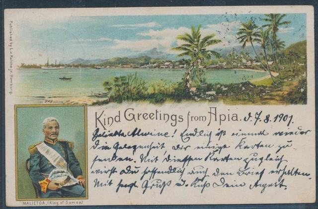Samoa 5 Pfennig Yacht EF AK Greetings Apia 1901 nach Kiel Attest (S20939)