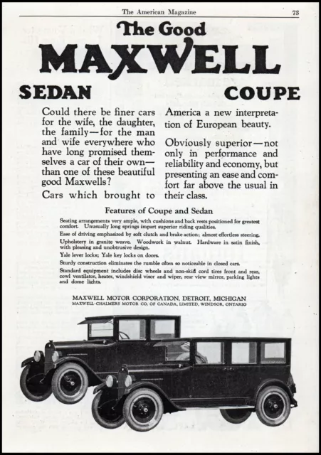 1920 Maxwell Motor Corp Sedan and Coupe Car Detroit vintage photo print ad   S38