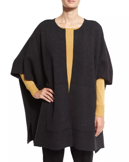 Eileen Fisher Reversible Felted Striped Wool Poncho Charcoal And Black OS 2