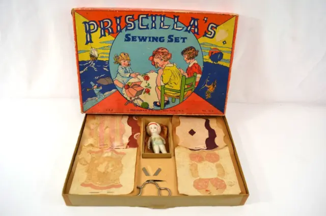 Priscilla's Sewing Set w/ Porcelain Doll Pressman Co No. 1215 1950s Japan Unused