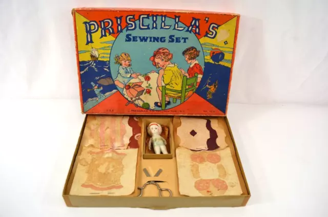 Priscilla's Sewing Set w/ Porcelain Doll Pressman Co No. 1215 1950s Japan Unused