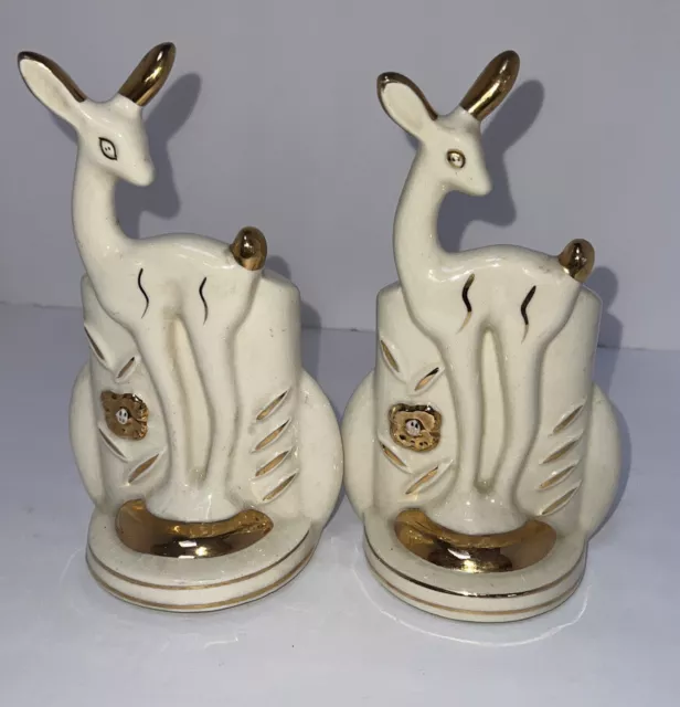 Art Deco Mid Century Pottery Deer w/ Gold Trim Bookends Pair Vintage