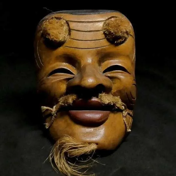 Japanese Noh Mask Vintage Wood Carving 翁面 Okina Old Man by 香秀 (Koshu) 5.91x4.53"