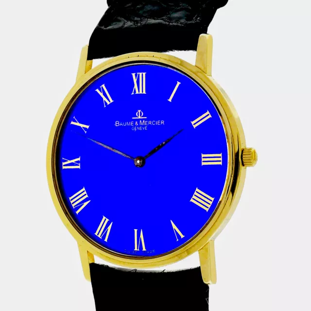 Baume & Mercier Ultra Thin 18k Gold Watch Quartz Custom Color Royal Blue Dial