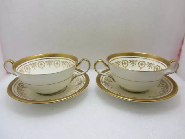Set of Two Aynsley Gold Dowery 7892 Twin Handles Soup Bowls & Stands