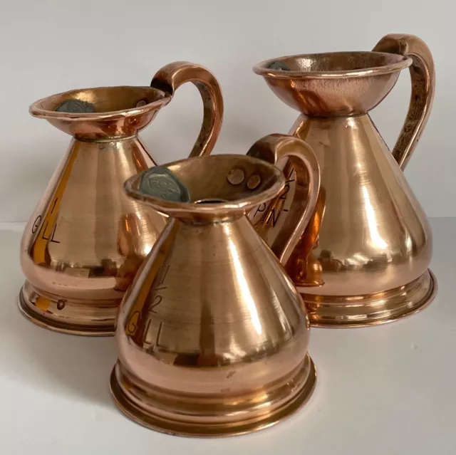 Vintage Set Of 3 Graduated Copper Haystack Measuring Jugs H R Seal Stamp