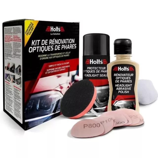 KIT RÉNOVATEUR D'OPTIQUE DE PHARE HOLTS Nettoyeur Phare + Microfibres +Disques