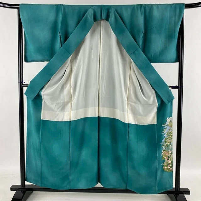 Woman Japanese Kimono Iro-Tomesode Silk Crest Trees Landscapes BlueGreen 2