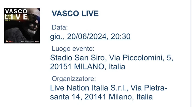 Vendo 4 biglietti VASCO ROSSI Concerto MILANO  20/06/24 Anello Blu