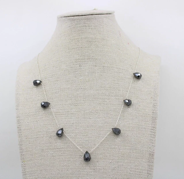 Certified Sterling Silver 10mm Teardrop Natural Black Diamonds 18" Necklace