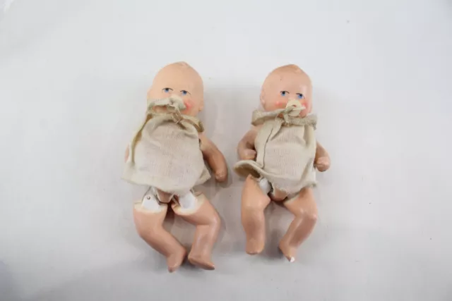 Miniature Bisque Baby Dolls Antique Vintage Inc Jointed, Pacifiers, Clothes x 2