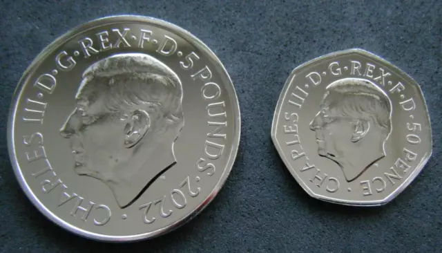 2022 King Charles III UK 50p and £5 BU Coin Pair Queen Elizabeth II