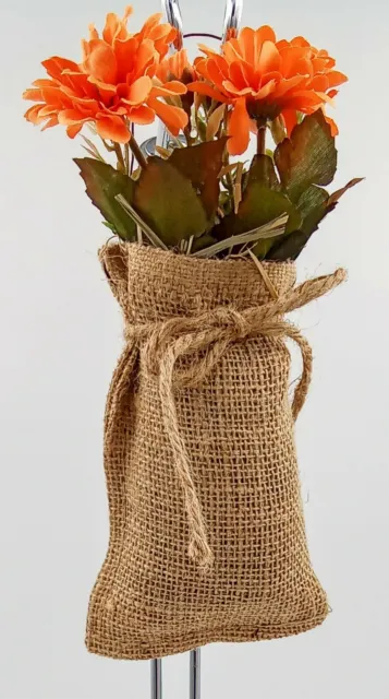 Handmade Burlap Bag with Orange Daisy Flowers Wire Hanger Jute Bow 8"L USA
