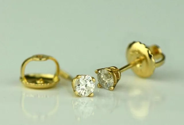 Solid 14k Yellow Gold Round Diamond Stud Earring with Screw Back