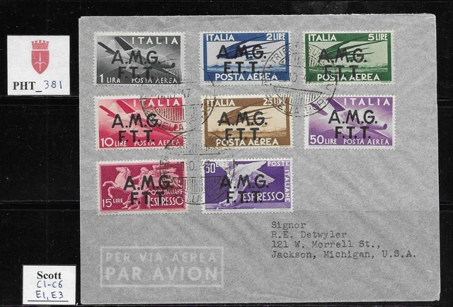 PHT_381. TRIESTE FTT. 1947 FDC w. DEMOCRATICA air + espresso. Scott C1-C6,E1,E3