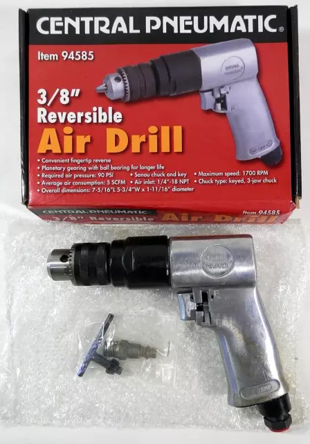 Central Pneumatic  3/8 Reversible Air Drill Item 94585 Keyed Chuck New Open Box