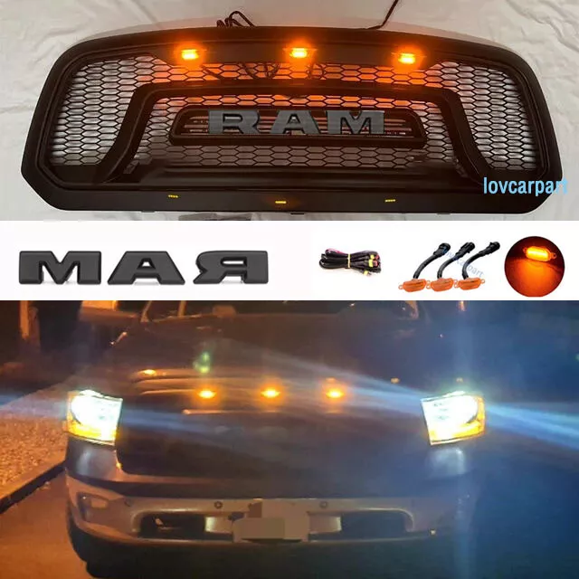 Grill For Dodge RAM 1500 Grill 2013-2018 Big Horn Mesh Grille w/Letter+LED Black