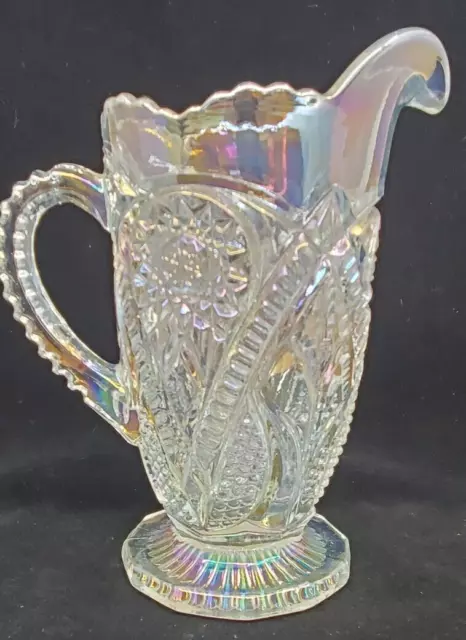RARE Vintage White Carnival Glass Pitcher 8-1/2” Tall Pressed Glass Irridescent