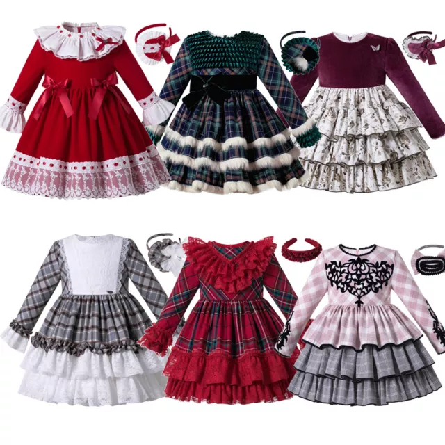 1-12 Years Girls Xmas Red Check Plaid Tartan Dress Bow Floral Dress w/ Headband