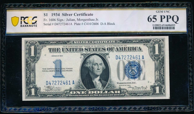 AC 1934 $1 Silver Certificate PCGS 65 PPQ D-A block  Fr 1606