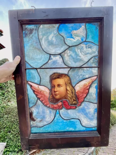 Large ANGEL Antique Stained And Leaded Glass Window Panel Framed