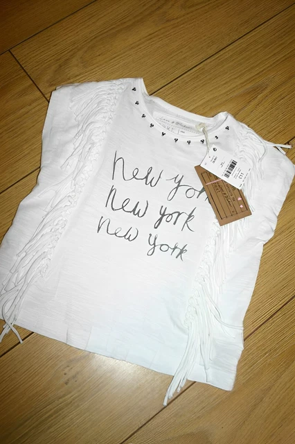 T-shirt top per bambina Next bianca con frange maniche corte età 4 nuova con etichette America