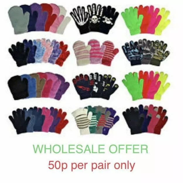 120 Pairs Mixed Magic Gloves Unisex Boys Girls Winter one size Wholesale Job lot