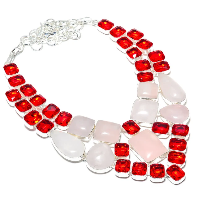 Rose Quartz, Garnet Gemstone 925 Sterling Silver Jewelry Necklace 18" Easter u84